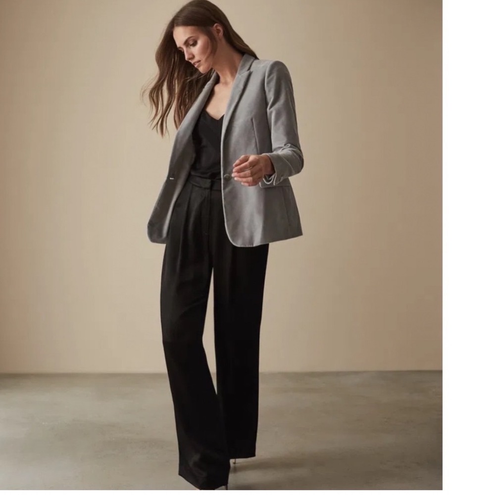 REISS Brie Velvet Blazer Light Gray Single Button Tailored Jacket USA 0 FLAW